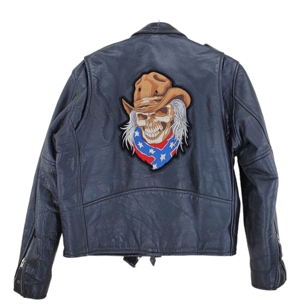 Vtg Leather Biker Jacket Rebel Skull Dixie Cowboy Men 44 L Z1R Black Bomber Coat